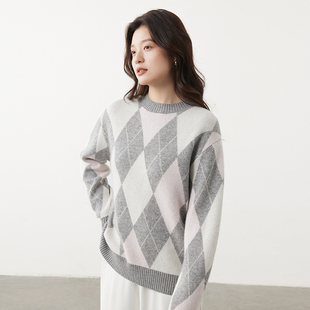 秋冬圆领格纹宽松百搭针织上衣通勤女士羊绒衫 100%山羊绒