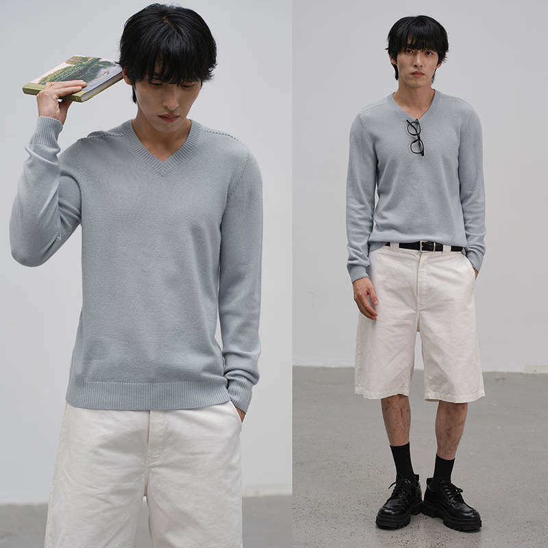 思诺芙德V领手缝线迹羊毛衫