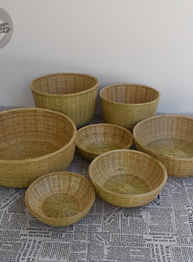 手工编织大小竹筐圆筐农家饭店收纳馒头筐篓子家用厨房竹编篮包邮