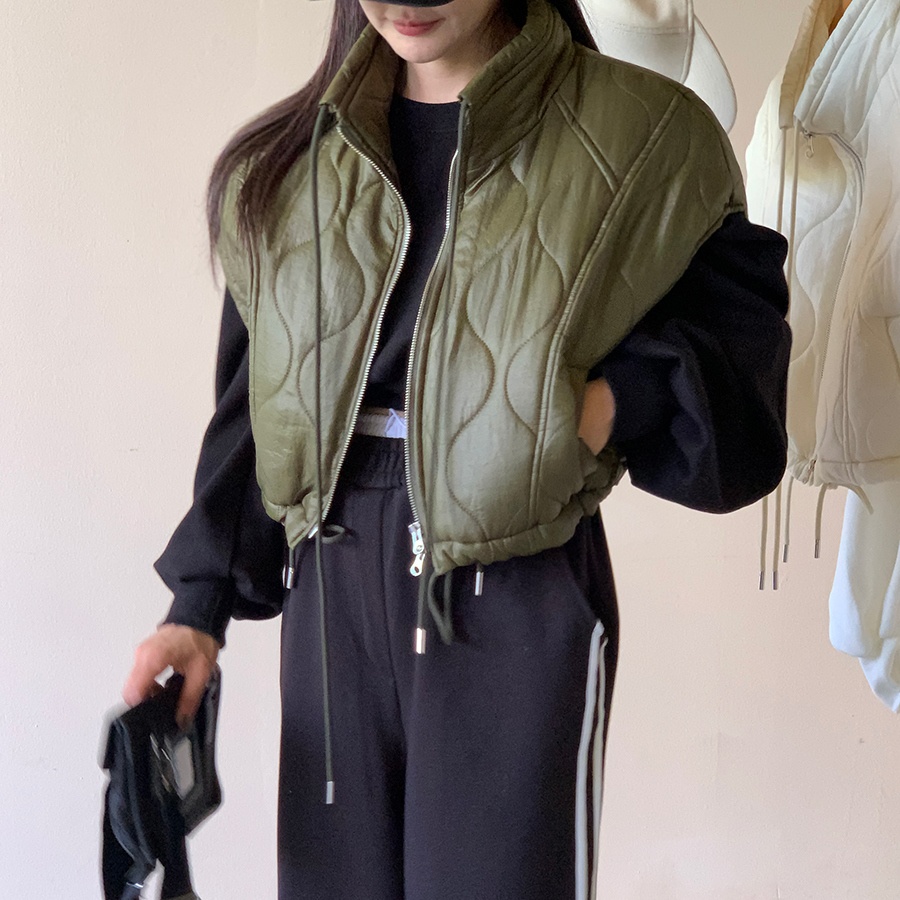 韩国东大门秋季时髦百搭宽松立领拉链抽绳棉衣棉服马甲背心