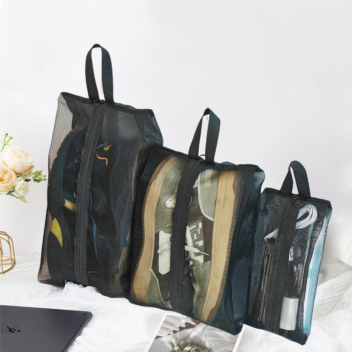 跨境网纱鞋袋手提小化妆袋便携口红内衣收纳袋旅行透气整理包