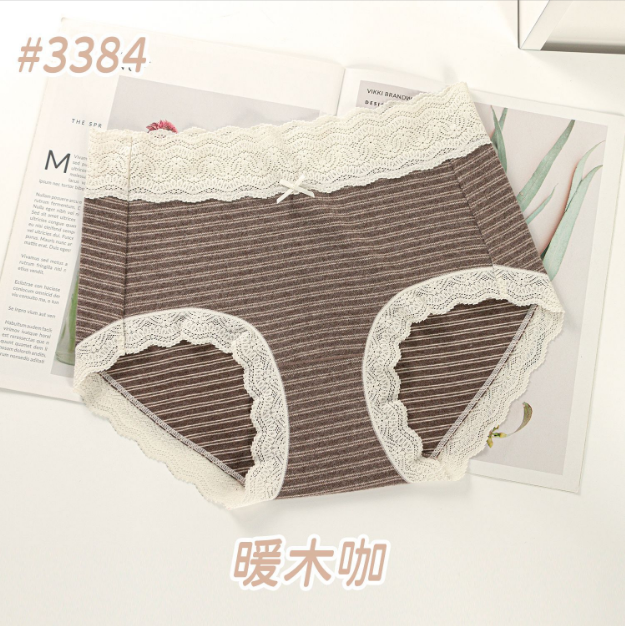 德绒磨毛条纹蕾丝高腰女士三角裤