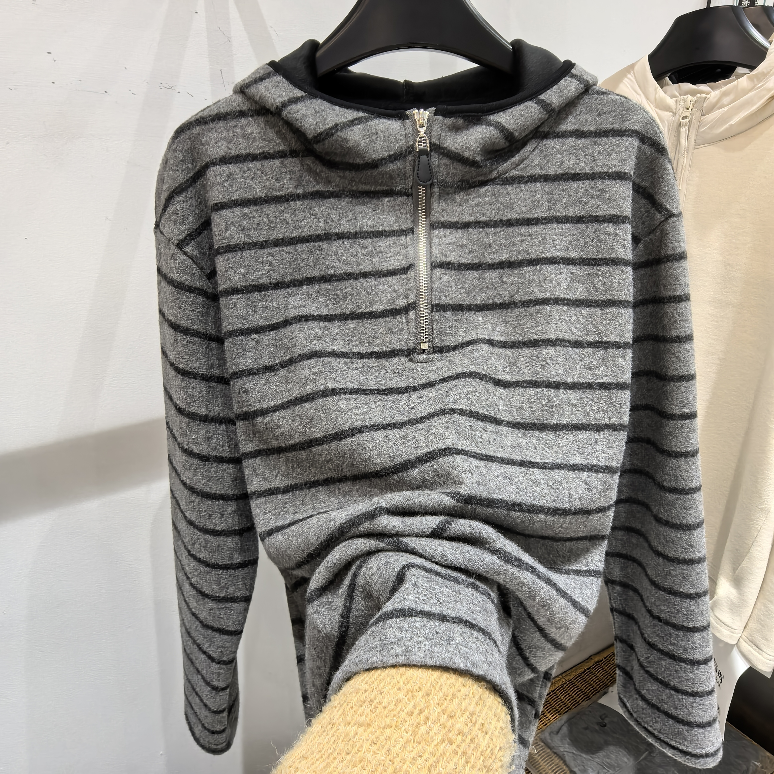 韩版半拉链连帽条纹加绒加厚卫衣女宽松百搭套头毛呢打底衫上衣潮