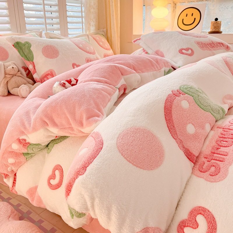 雪花绒四件套冬季加厚保暖珊瑚绒双面绒被套3D立体卡通牛奶绒