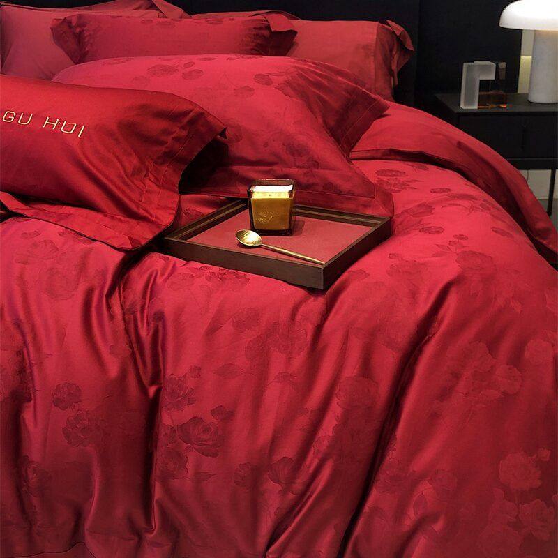 支全红色床品新婚嫁100棉纯棉婚庆结婚提花长绒棉四件套被套