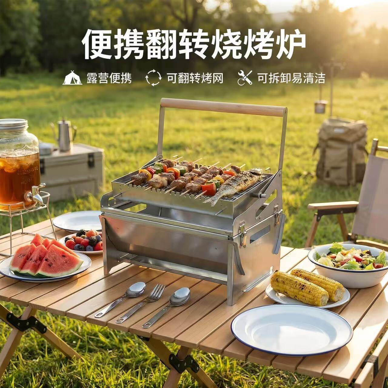 日本露营户外全自动翻转烧烤架户外家用加厚加高恒温旋转烤肉炉具