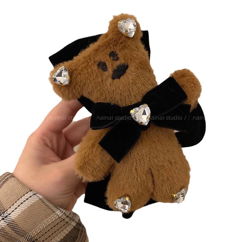 新款憨豆先生小熊抓夹蝴蝶结毛茸茸可爱玩偶少女抓夹头饰发卡