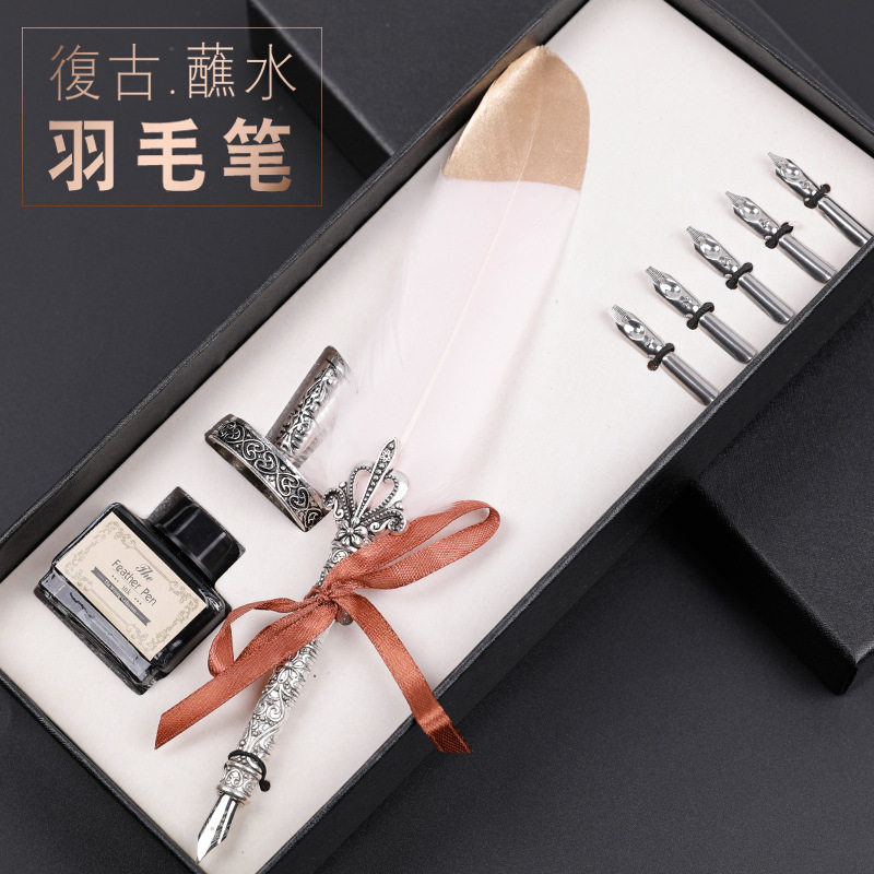 复古羽毛钢笔套装斜口笔插墨水雕刻套装羽毛笔欧式复古书法蘸水笔