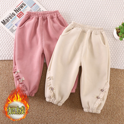 女童加绒裤子冬装新款女宝宝可爱一体绒休闲裤儿童卫裤薄绒洋气潮