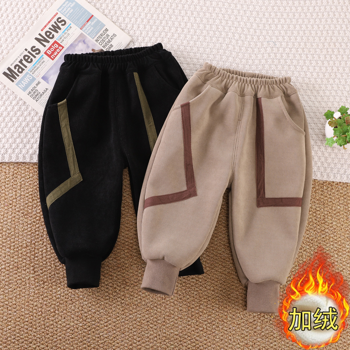 儿童加绒卫裤冬季宝宝裤子男童运动裤宝宝中小童束脚一体绒长裤潮