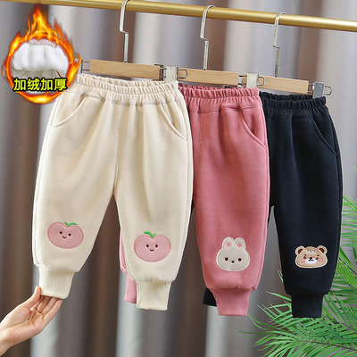 女童加绒裤子秋冬新款女宝宝男孩可爱薄绒休闲裤一体绒外穿洋气潮