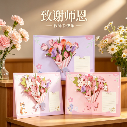 2026新款教师节3D立体花束贺卡
