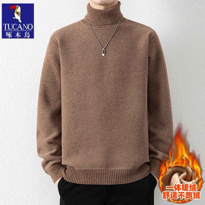 啄木鸟高领毛衣男2025新款冬季一体绒加绒加厚翻领保暖针织衫打底
