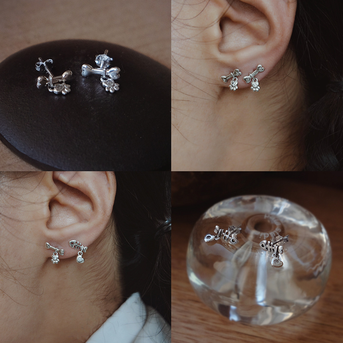 S925纯银小鱼骨头爱心吊坠耳钉