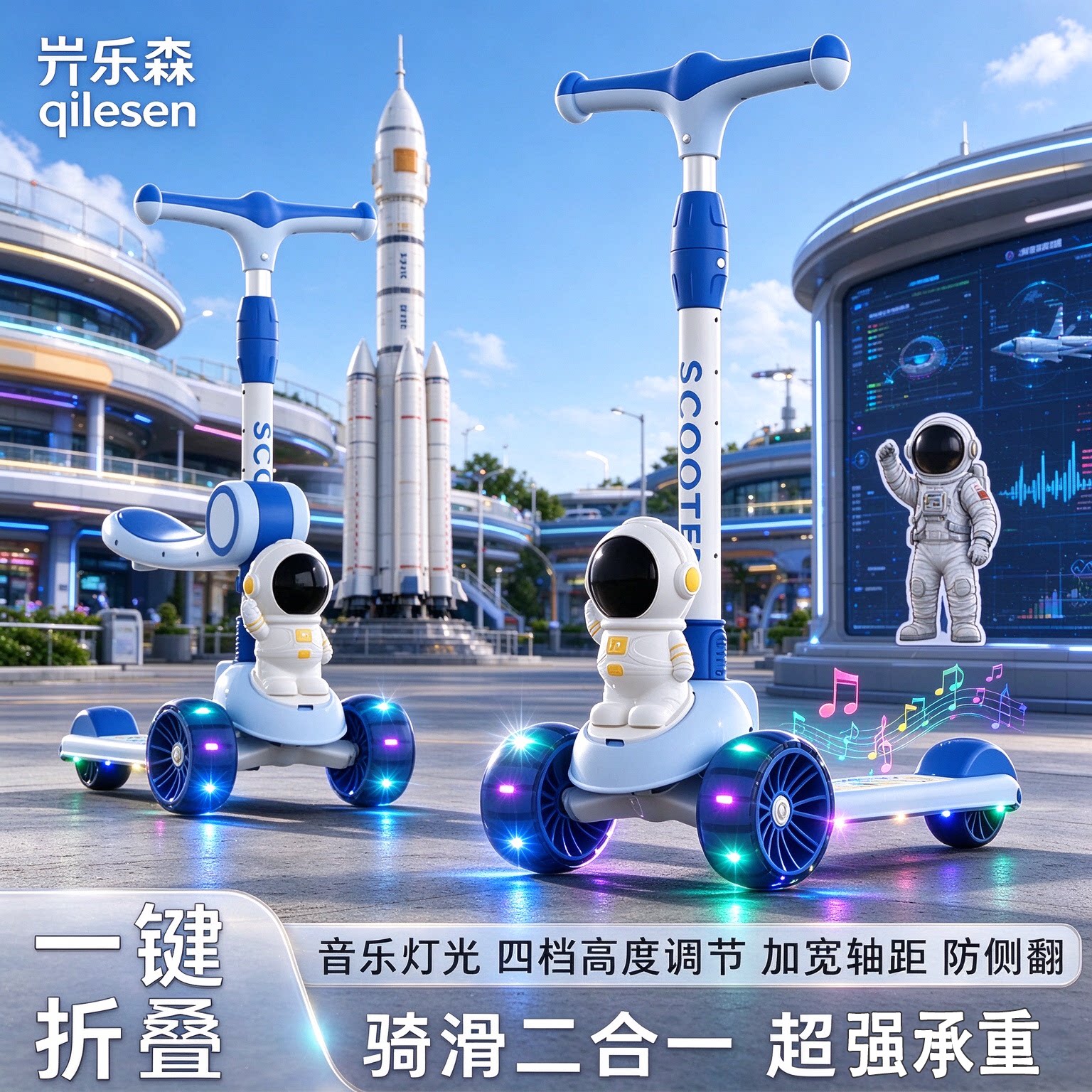 太空人滑板车儿童宇航员男女孩3-6-12岁宝宝闪光滑滑溜溜车踏板车