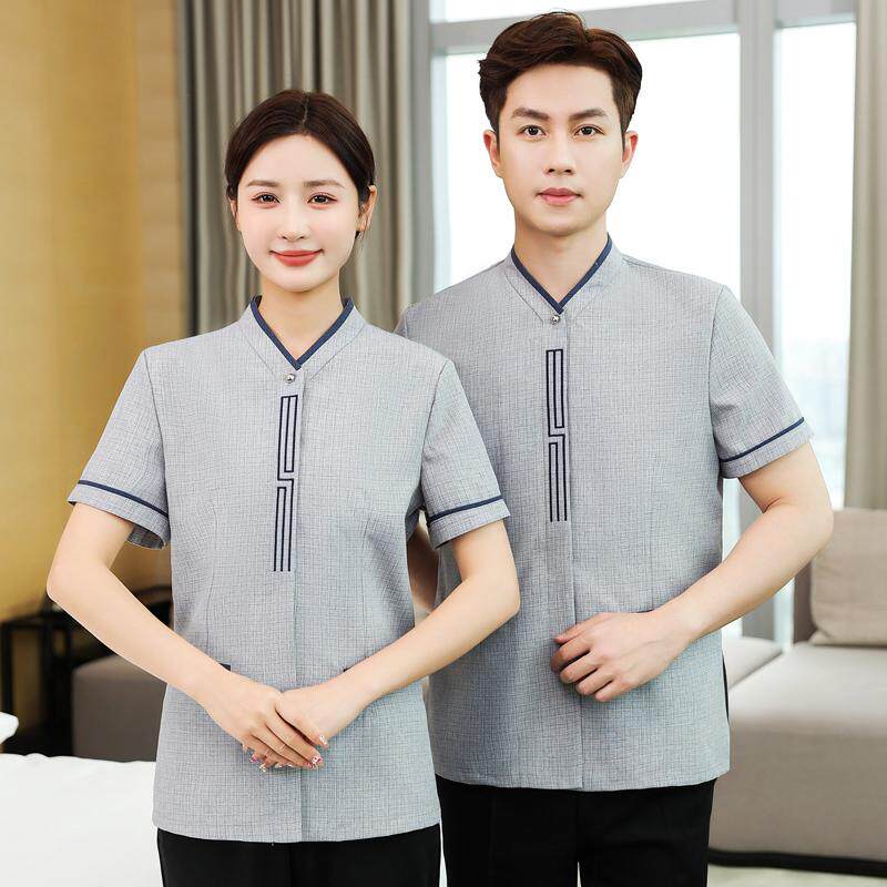 酒店客房保洁工作服短印字袖立领灰色物业清洁工定制制服餐饮衣服