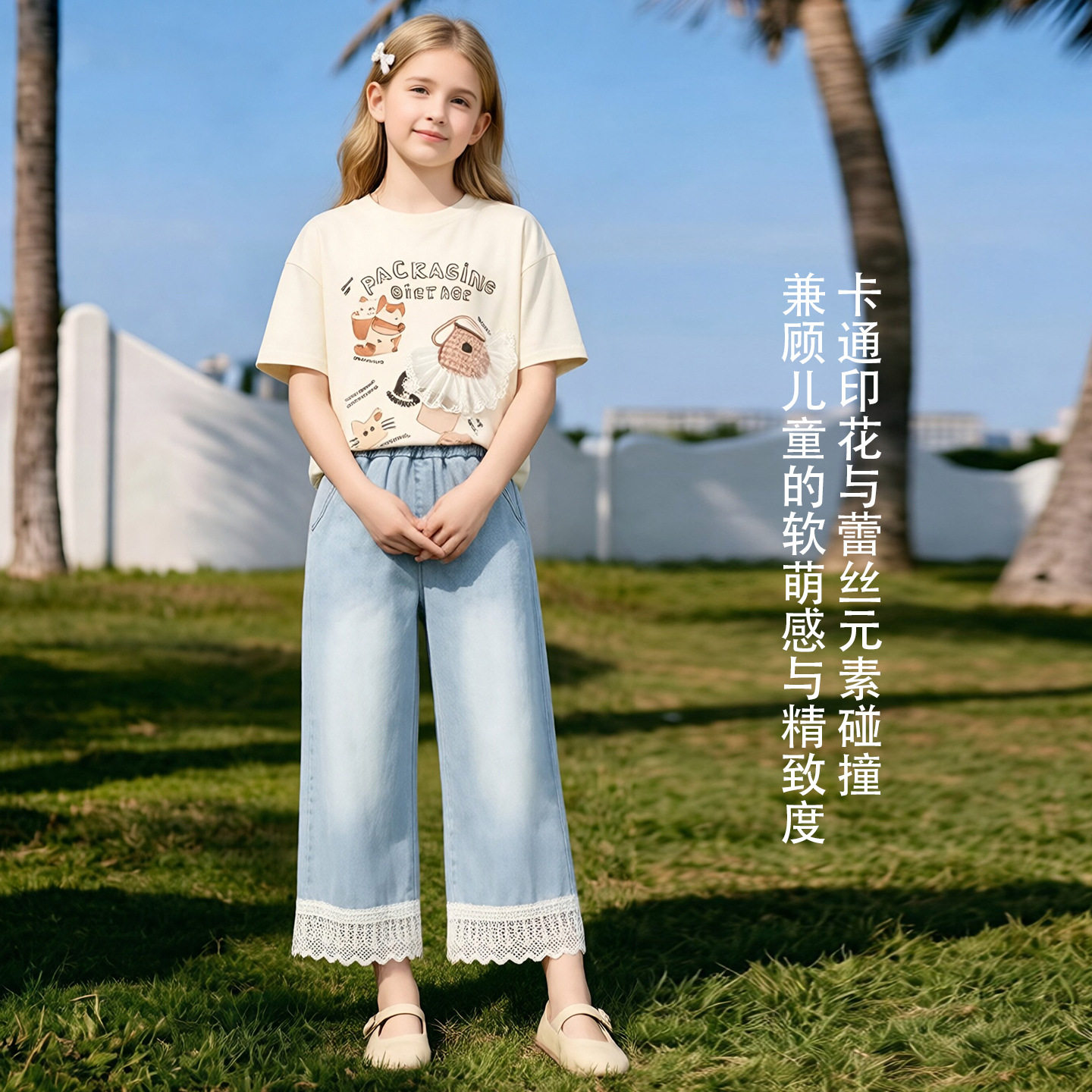 女童短袖t恤套装夏季2026洋气儿童夏装薄款女孩阔腿裤两件套
