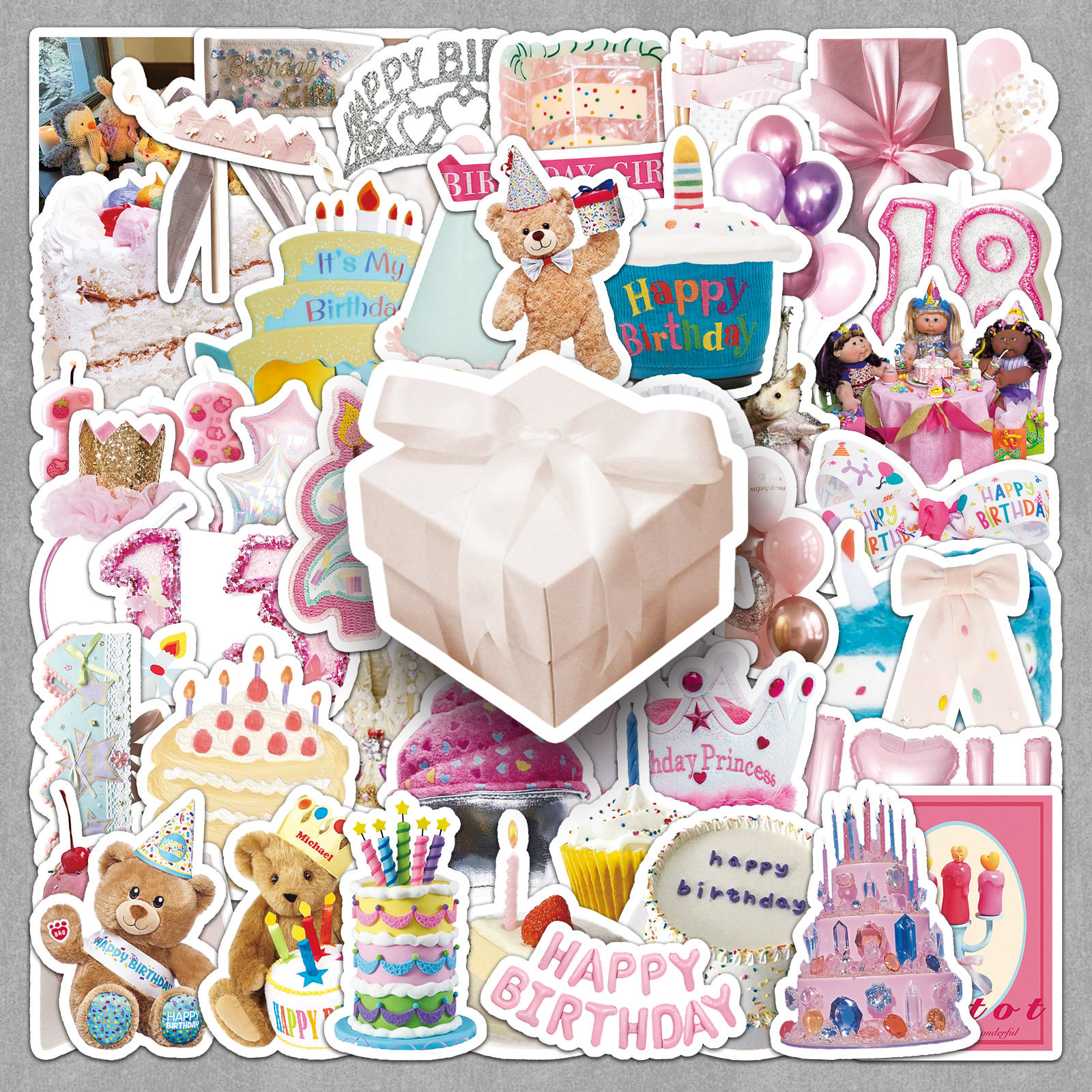 50张生日ins风清新心蛋糕小熊图案贴纸滑板车音箱水杯diy贴纸,文具电教/文化用品/商务用品,贴纸/立体贴纸,淘宝优惠券,粉丝福利购,淘宝优惠卷