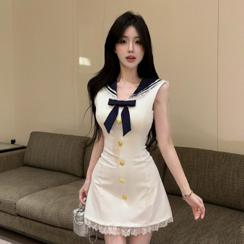 实拍海军风连衣裙女性感制服短裙减龄工装蕾丝边修身包臀裙子9977
