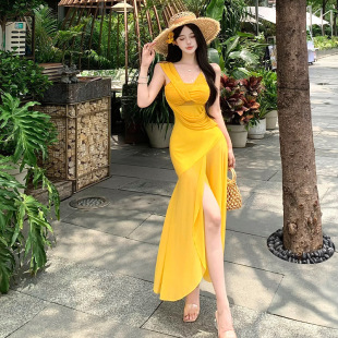 春夏新款 度假拍照沙滩裙纯欲性感网纱斜肩吊带连衣裙包臀长裙9082