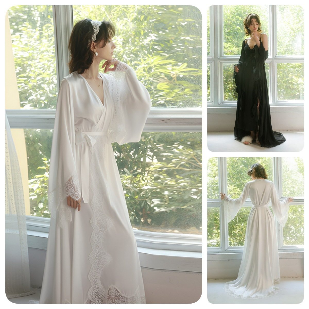 女士高端优雅法式浪漫睡袍缎面蕾丝装饰长款拖尾喇叭袖家居袍941,女士内衣/男士内衣/家居服,睡袍/浴袍,淘宝优惠券,粉丝福利购,淘宝优惠卷