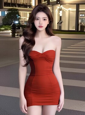 性感女人味红色褶皱抹胸连衣裙女御姐风高端感礼服裙tz5203