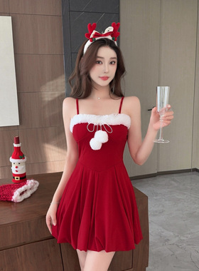 圣诞女装9679性感毛绒拼接收腰显瘦a字裙子夜总会新款吊带连衣裙