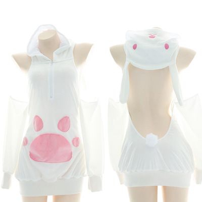 夏季动漫猫娘服软萌猫爪毛绒卫衣性感露背连帽套装露背毛衣T0876