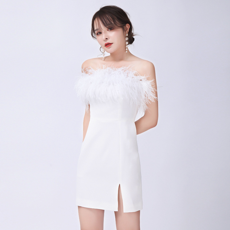羽毛绷带礼服生日派对年会连衣裙