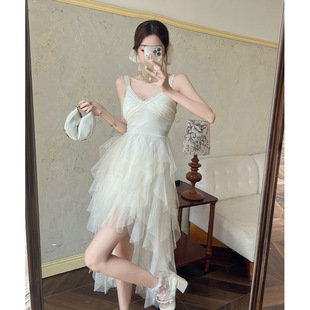 外贸跨境车迟恩轻奢重工生日小礼裙公主米色网纱吊带连衣长裙6256