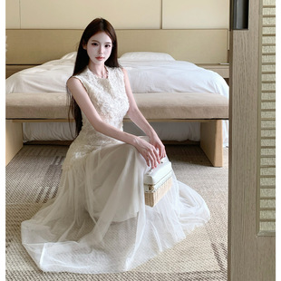 无袖 夏季 新款 重工法式 显瘦背心仙女长裙5078 拼接裙温柔气质修身