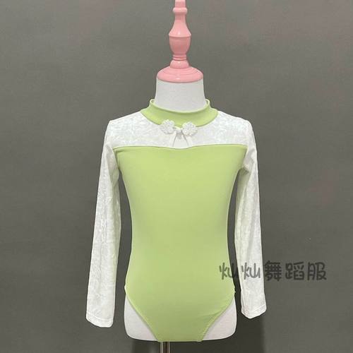 儿童女盘长袖扣拼丝绒锦纶连体服民族舞练功服中国舞考级服练习服