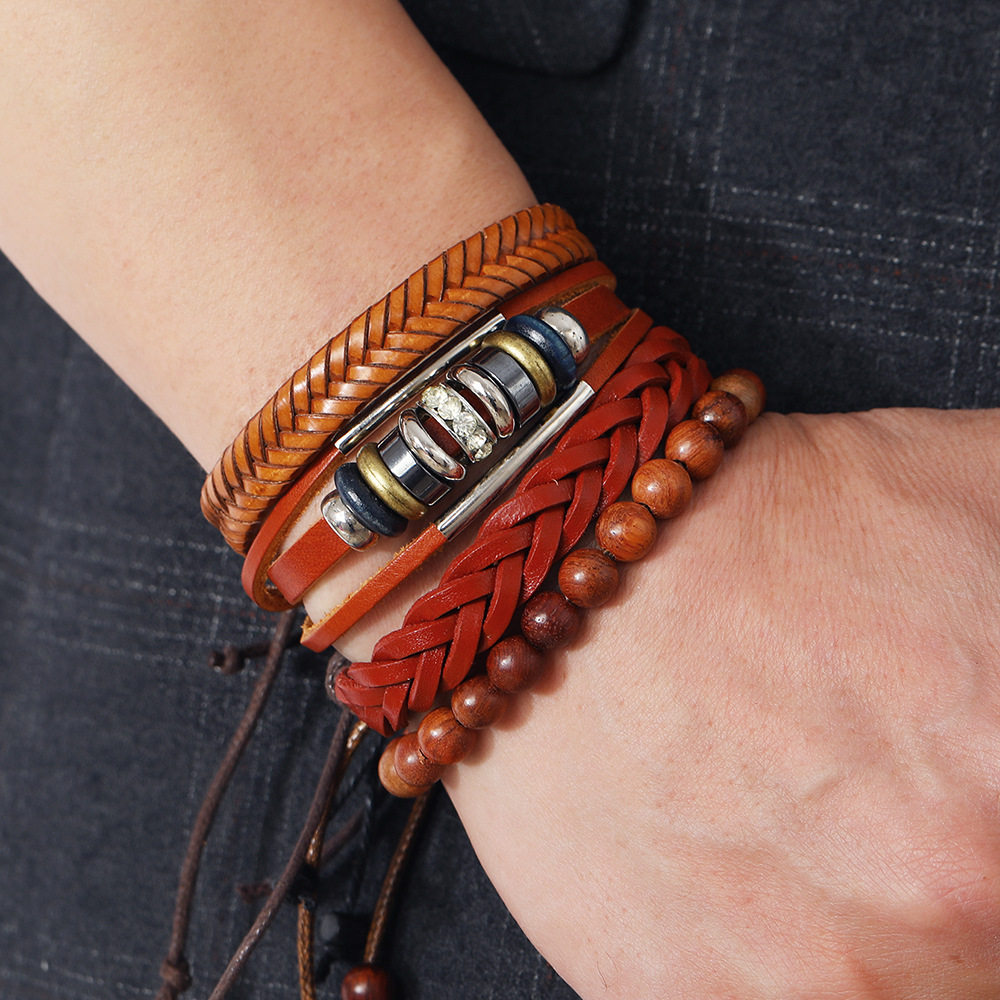 日韩版个性复古串珠编织组合手链学生男女简约时尚百搭皮手环手镯