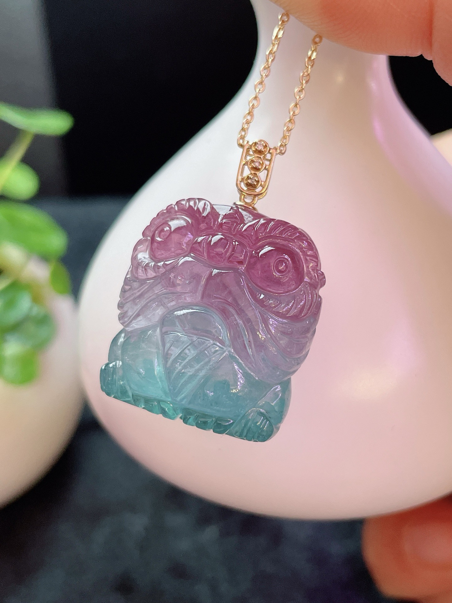 蓝紫西瓜碧玺醒狮吊坠18k金镶嵌西瓜碧玺醒狮女生日礼物