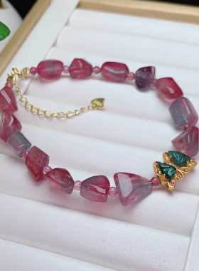 天然老矿紫粉西瓜碧玺原石手串925银原创碧玺手链女生日礼物