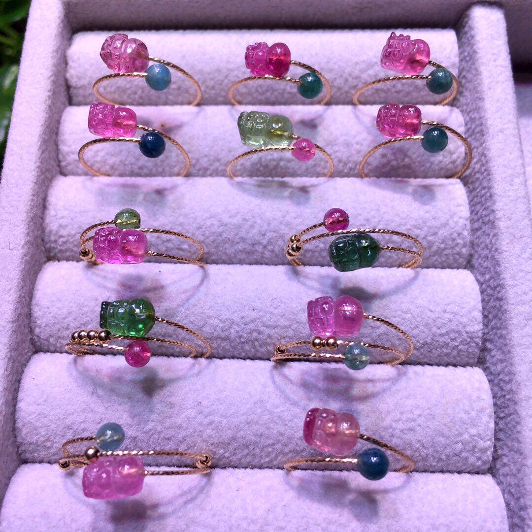 天然碧玺貔貅戒指红绿貔貅蓝碧玺镶嵌14k包金18k金戒指指环女礼物