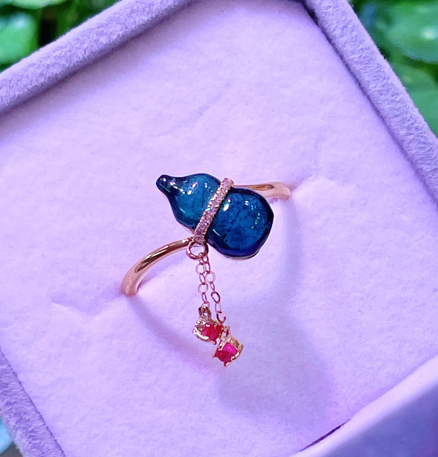 天然蓝碧玺葫芦戒指指环18k金镶嵌蓝碧玺钻石红宝石流苏女礼物