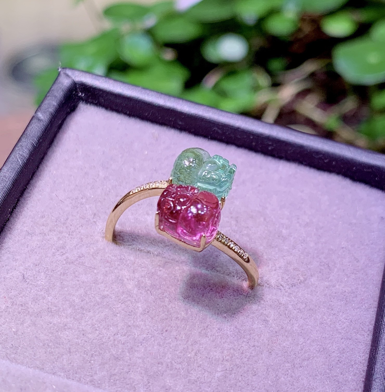 天然碧玺貔貅戒指18k金镶嵌红蓝碧玺双貔貅戒指钻石女生日礼物