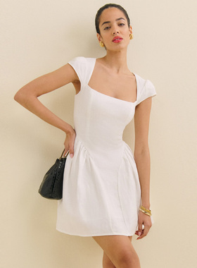 Ref法式复古设计感棉麻白色收腰褶皱优雅半袖连衣裙子气质度假裙