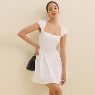 Ref法式复古设计感棉麻白色收腰褶皱优雅半袖连衣裙子气质度假裙