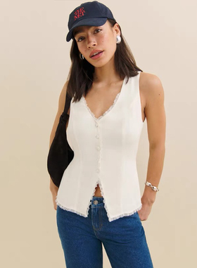 Reformation法式白黑色蕾丝拼接无袖v领上衣女百搭甜美背心马甲夏