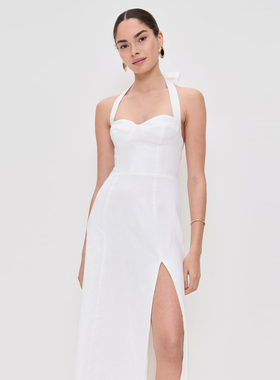 法式小众Reformatio亚麻白色挂脖露背绑带修身气质时尚连衣裙长裙