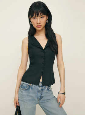 Reformation法式小众亚麻设计感黑色蕾丝花边无袖背心上衣马甲女