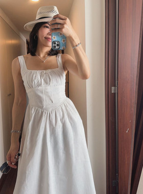 长裙黑白色棉麻连衣裙礼服性感