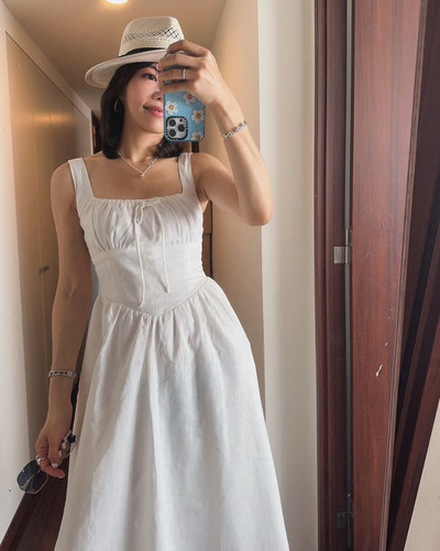 长裙黑白色棉麻连衣裙礼服性感