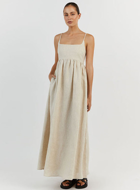 posse法式方领黑白色棉亚麻吊带连衣裙子女气质沙滩显瘦度假长裙