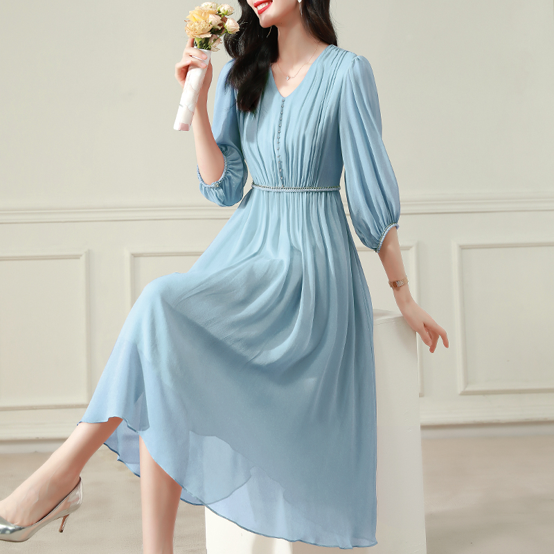 真丝连衣裙女装夏季2023新款粉紫色纯色专柜清仓桑蚕丝长裙子