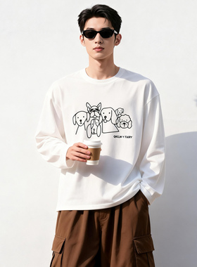 QKK经典款新休闲简约重磅100棉潮流减龄宽松圆领长袖白色T恤TD34