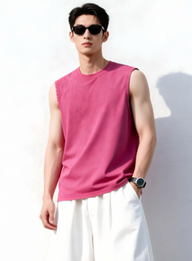 QKK潮男女同款透气无袖休闲洋气百搭宽松磨白做旧宽松棉背心TN005