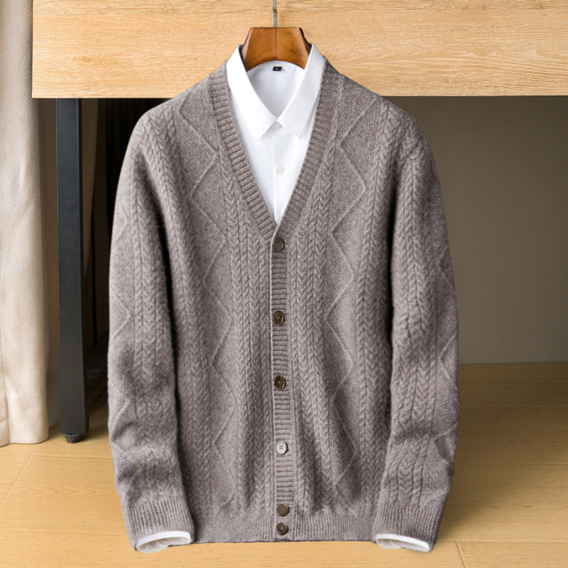 2024 가을 겨울 캐시미어 스웨터 두꺼운 가디건 남성 ORDOS 중년 및 노인 대형 V 넥 니트 스웨터 재킷